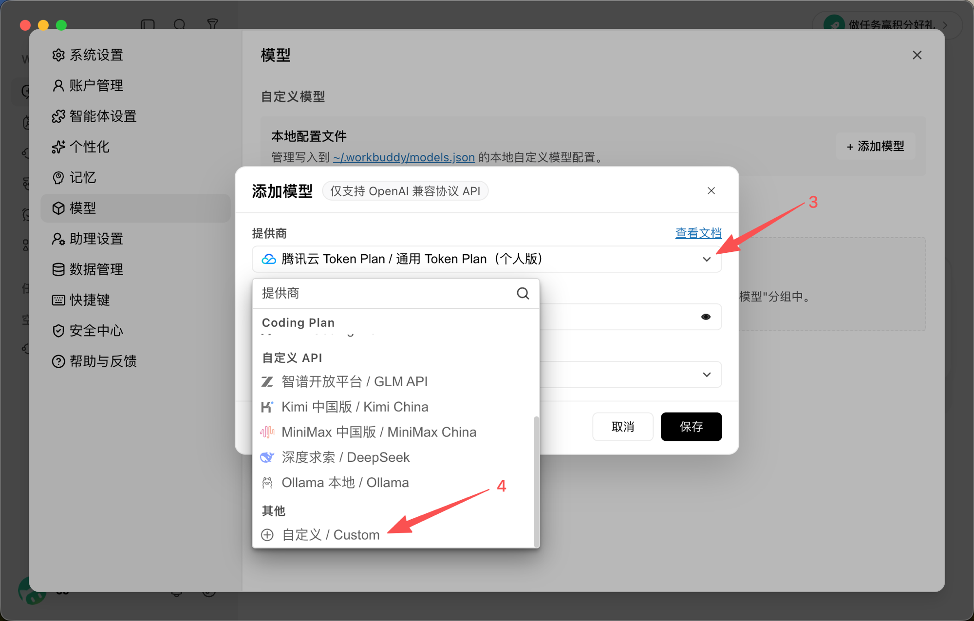 添加模型并选择自定义提供商