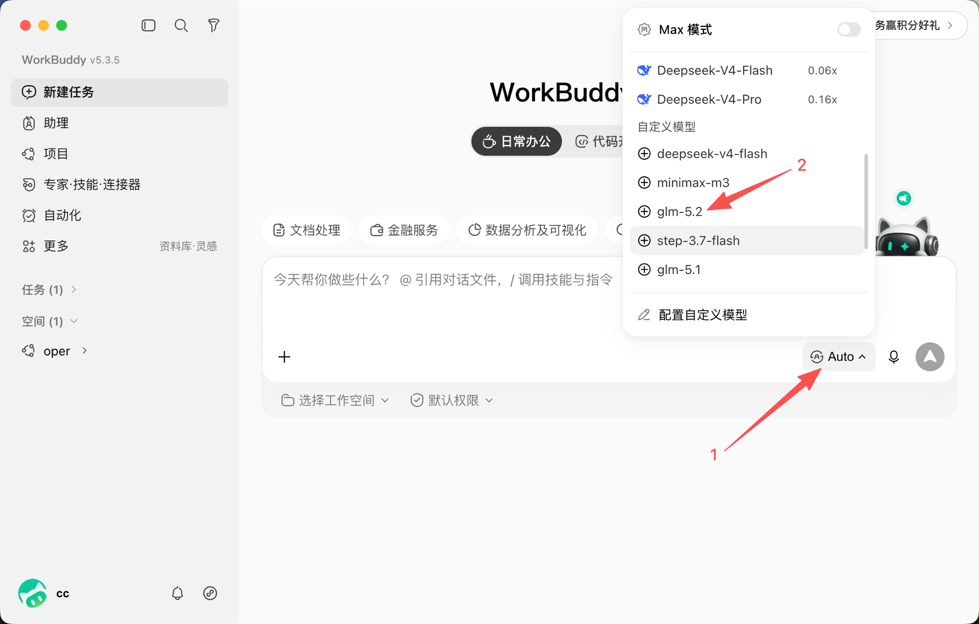 在对话框右下角选择自定义模型